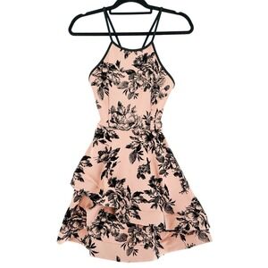 Papaya Pink Black Floral Structured Ruffle Cross Back Mini Dress Coquette